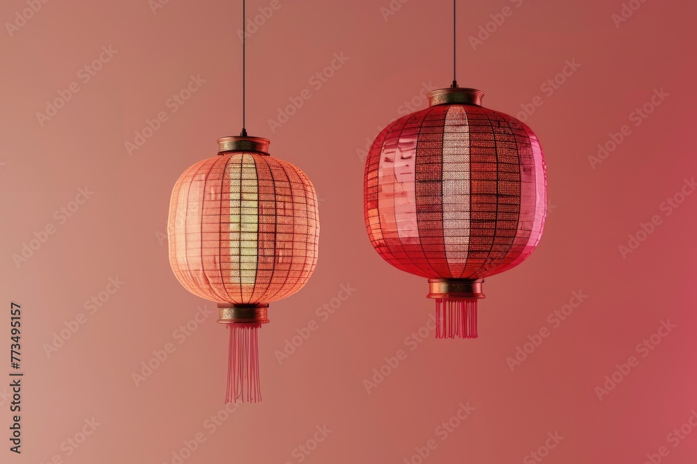 Fototapeta premium Red lanterns hanging from a ceiling, perfect for interior design projects