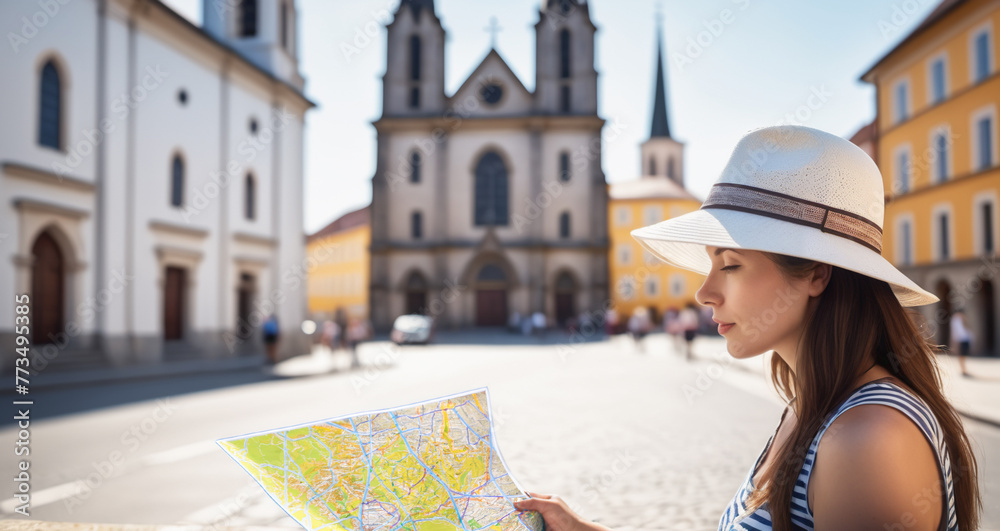 Tourist woman in a European town, wearing a summer hat and clothes, looks at the map in her hand. - Generative AI