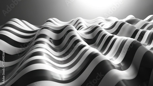 Abstract 3D illustration of black and white horizontal waves on a gray background