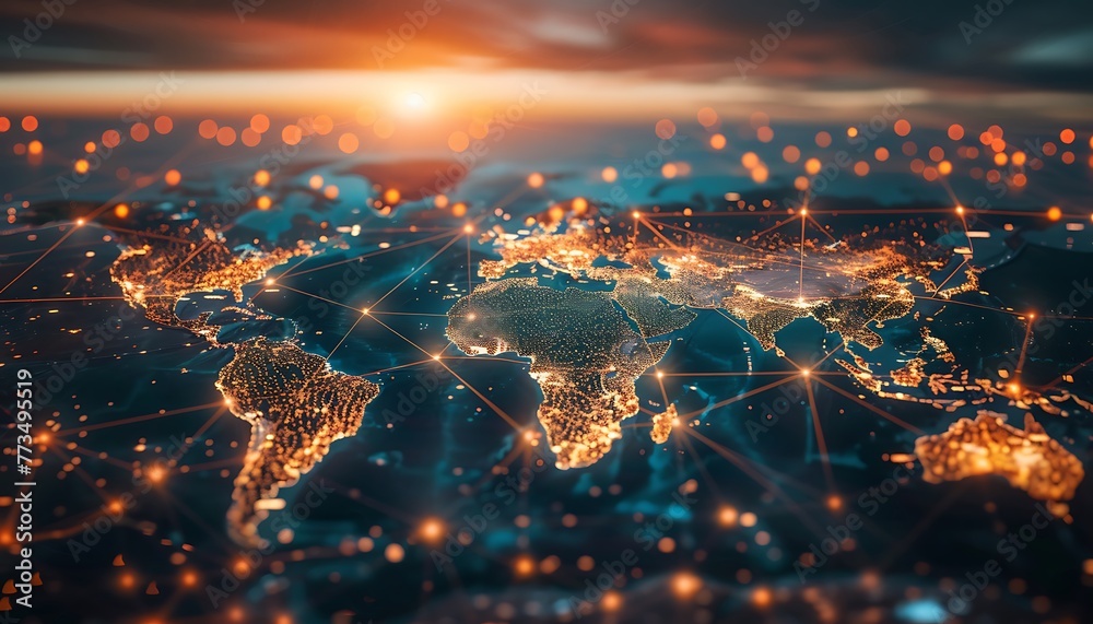 World map displaying illuminated lines linking key financial hubs