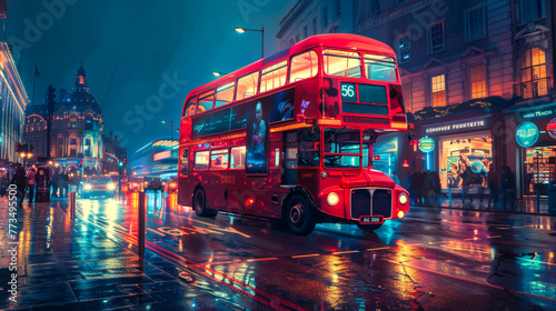 1970's Red London Double Decker Bus, on the city street at night..
