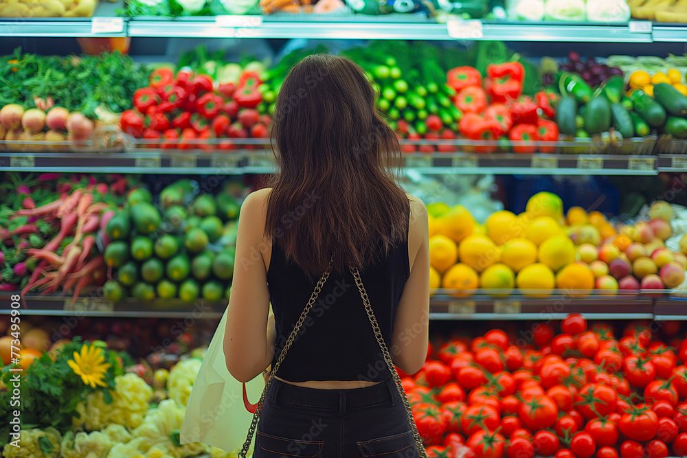Rear view of a woman shopping for groceries, fruits and vegetables, struggling with inflated prices, recession, reflecting the impact of the economic downturn Rear view of a woman shopping for groceries, fruits and vegetables, struggling with inflated prices, recession, reflecting the impact of the economic downturn