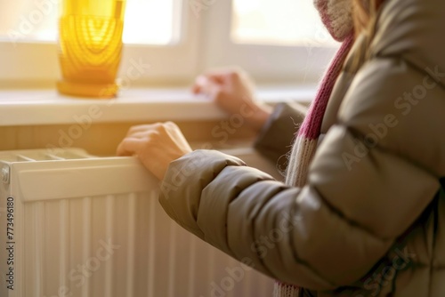 No heating concept. cold radiators in the room. a woman in a jacket reaches out with her hand to the radiator switch in a bright room.