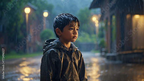 a boy standing alone in rain