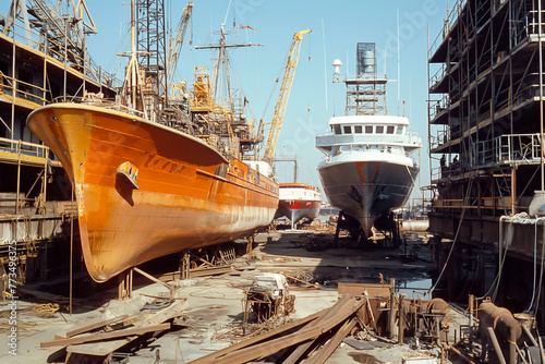 Shipyard on a clear day, ships in various stages of construction