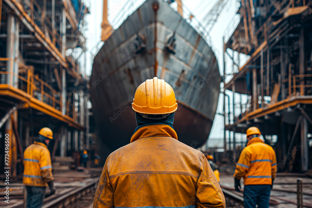 Shipyard workers with a ship under construction in background Shipyard workers with a ship under construction in background