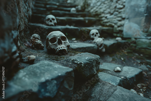 Skeletal remains strewn all over ancient decaying castle stone steps, broken and shattered sacrificed human skulls, scary macabre scene