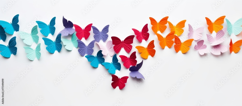 A group of vibrant butterflies are lined up in a single row, displaying their colorful wings in a striking arrangement
