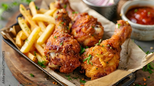 Crispy Fried Chicken Drumsticks with French Fries 
