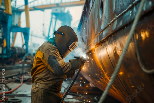 Welder at work on shipbuilding, shipyard, heavy industry
