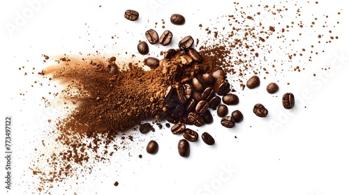 A burst of arabica grain with splashes of brown dust and shredded roasted ground coffee is shown isolated on a white background. Modern realistic illustration of espresso beans bursting on a white photo