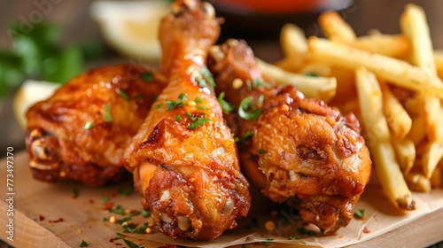Crispy Fried Chicken Drumsticks with French Fries
