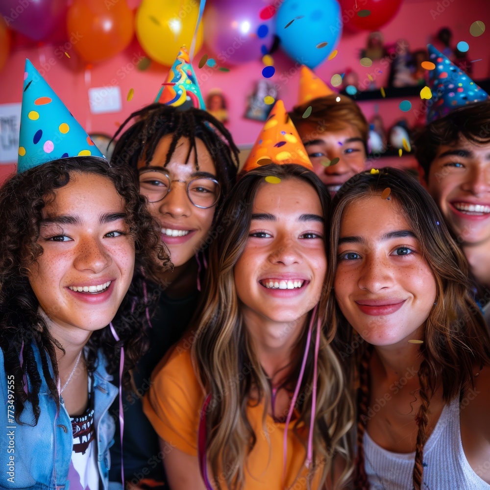 Joyful teenagers celebrating with a group selfie at a birthday party