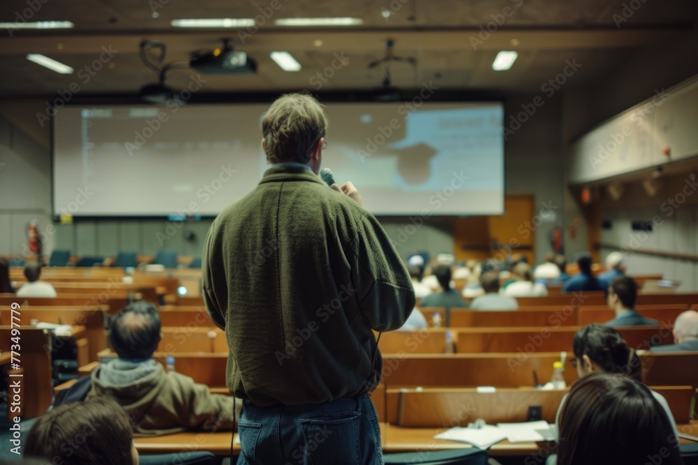 A man standing in front of a group of people. Suitable for educational or presentation concepts A man standing in front of a group of people. Suitable for educational or presentation concepts
