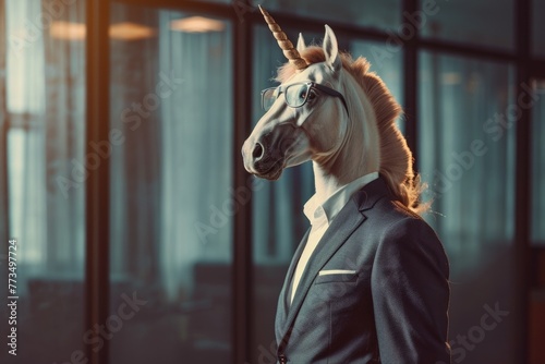portrait of a unicorn in an office suit. Business, unicorn companies. funny animal
