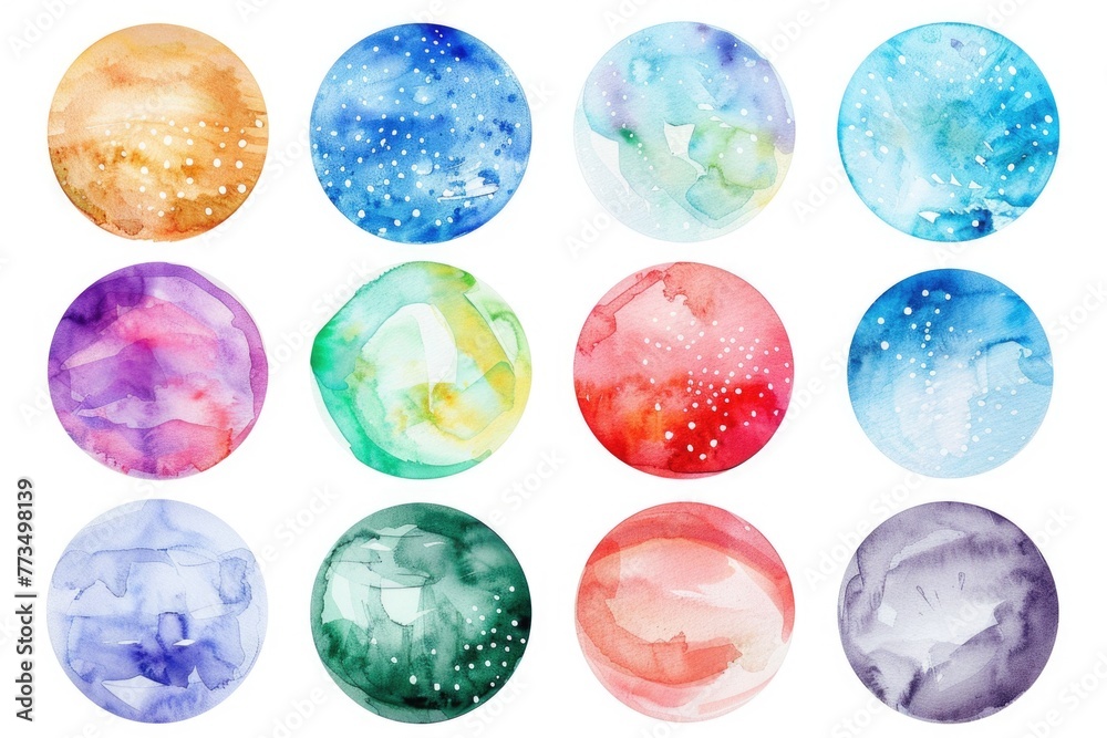 A set of nine watercolor circles in various colors. Perfect for design projects