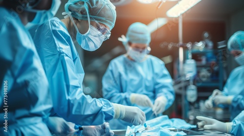 A team of surgeons are performing a medical procedure on a patients human body in the operating room, utilizing their medical expertise and wearing scrubs