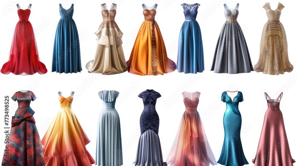 A variety of colorful dresses displayed on a mannequin. Perfect for fashion designers and clothing stores A variety of colorful dresses displayed on a mannequin. Perfect for fashion designers and clothing stores