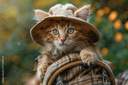 Small Kitten Wearing Hat on Backpack