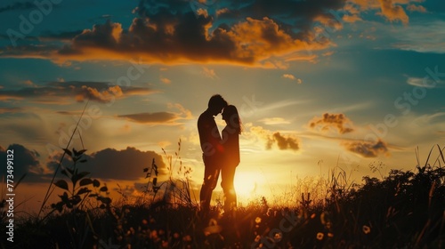 A couple sharing a tender kiss in a beautiful field at sunset. Perfect for romantic concepts and love themes