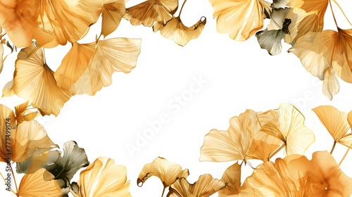 Gingko Leaf Ink Border and Watercolor Seamless Pattern - Vector Illustration