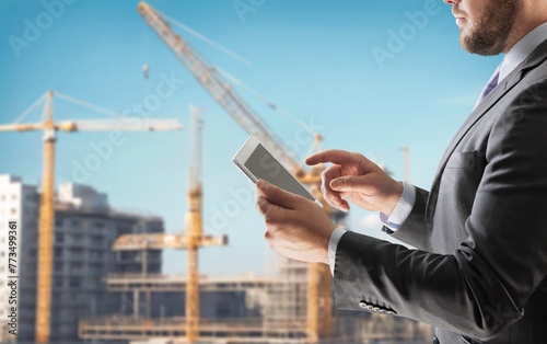 Smart Construction management system, hands with digital tablet