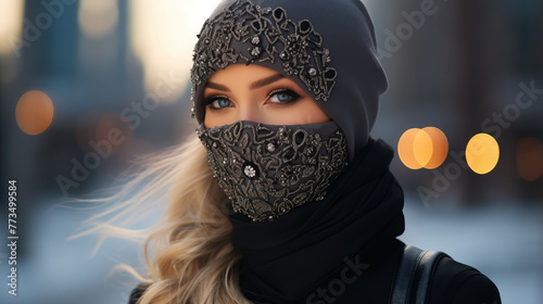 photo of a girl in a stylish balaclava, decorated with crystals, rhinestones, sparkles, against the backdrop of the city, morning light, woman, fashion, winter, walk, sky, mask, eyes photo
