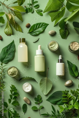 A variety of skin care products displayed on a green surface. Ideal for beauty and skincare concepts