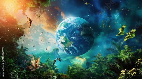 Tropical Jungle with Earth in Starry Cosmos