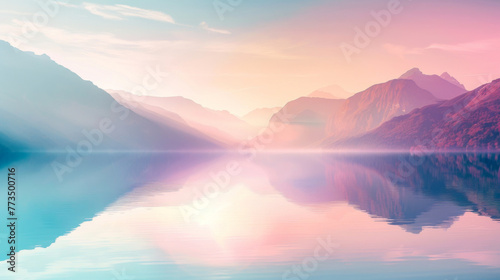 Serene lake at sunrise with mountain reflections © Michael