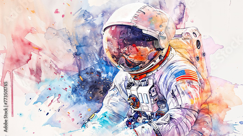 Creative Watercolour Illustration of An Astronaut with Beautiful Colours. photo