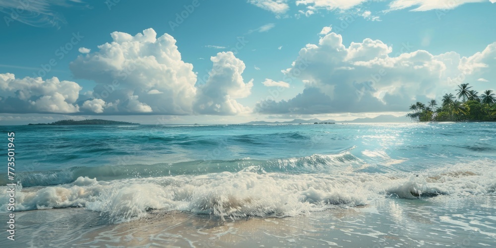 A peaceful scene of waves crashing on the beach. Suitable for travel and nature themes