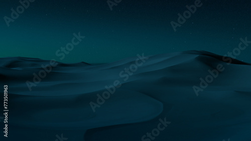 Night Landscape, with Desert Sand Dunes. Scenic Modern Background with Green Gradient Starry Sky photo