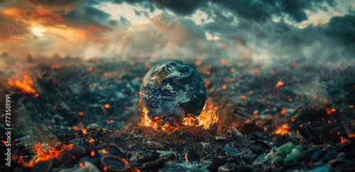 A dramatic image of a burning earth in the middle of a field. Suitable for environmental concepts photo