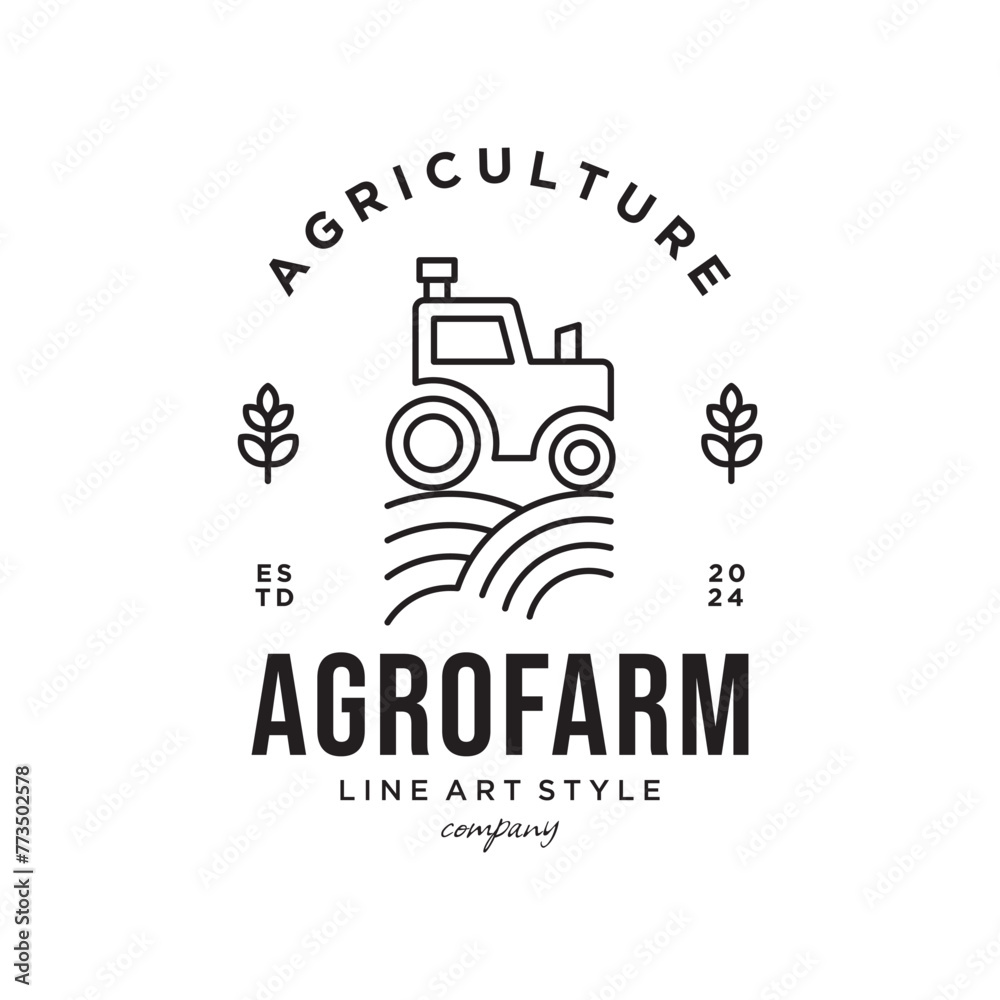 Farm logo template, vector logo design for agriculture, agronomy, wheat farm, Simple Thin Line Icon, farmer truck, suitable for agriculture business