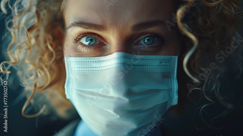 Close up of a person wearing a protective face mask. Suitable for healthcare and pandemic related concepts