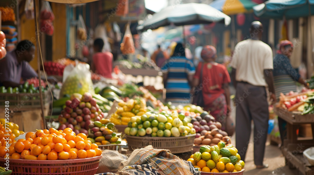 A bustling street market with vendors selling fresh produce and goods, showcasing the informal economy and microfinance in action