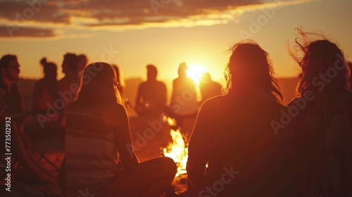 Against the backdrop of a vibrant sunset a group of people gathers around a bonfire backs turned towards the camera. Laughter . .