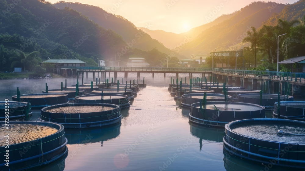 Aquaculture Farm modern aquaculture farm with rows of fish tanks or