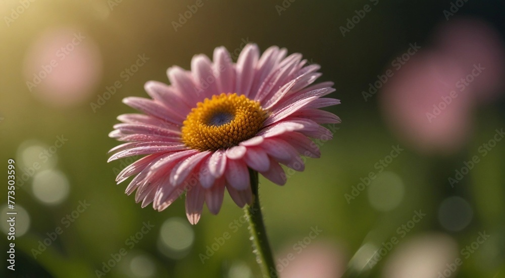 Red flower, similar to daisy. Close-up, bokeh, sun rays. Red flower, similar to daisy. Close-up, bokeh, sun rays.