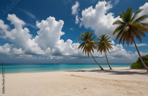 Palm trees and sea, sunny summer day in the Atlantic ocean. Punta Cana Dominican republic Caribbean Sea and sky and beach landscape. Big white waves lie on a wild white sand beach.