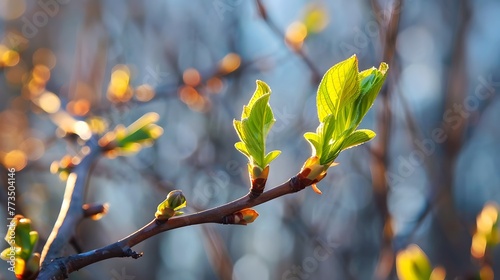 Young first fresh green leaves on the branches of a birch in the spring on the nature close up in the sun.
 photo