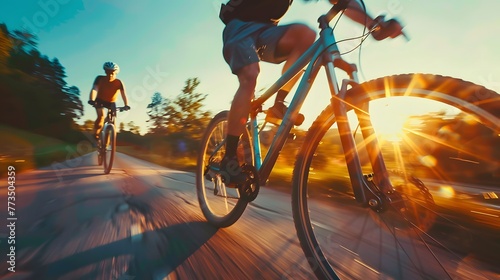 Blur photo sports man ride bicycles with speed motion on the road in the evening with sunset sky. Summer outdoor exercise for healthy and happy life. Cyclist riding mountain bike on bike lane. Team. photo