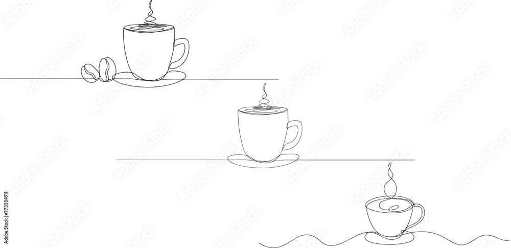 One continuous drawing of cup coffee with heart symbol. Hot drink and mug of tea with love for web banner in simple linear style. Editable stroke. Doodle vector illustration