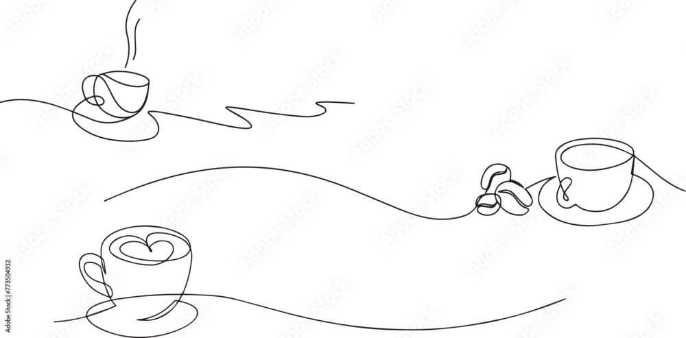 One continuous drawing of cup coffee with heart symbol. Hot drink and mug of tea with love for web banner in simple linear style. Editable stroke. Doodle vector illustration