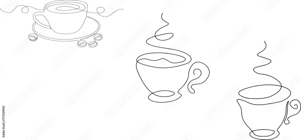 One continuous drawing of cup coffee with heart symbol. Hot drink and mug of tea with love for web banner in simple linear style. Editable stroke. Doodle vector illustration