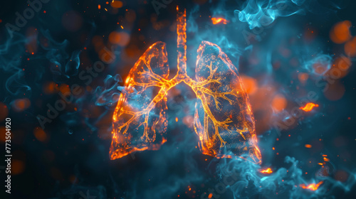 Digital illustration of human respiratory system with glowing bronchi and smoke effect.