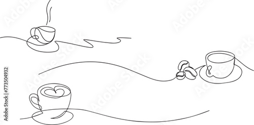 One continuous drawing of cup coffee with heart symbol. Hot drink and mug of tea with love for web banner in simple linear style. Editable stroke. Doodle vector illustration