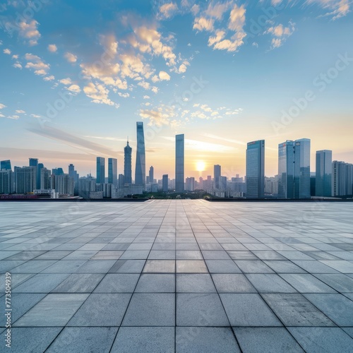 Panoramic skyline and buildings with empty concrete square floor. Generative AI © Hokmiran