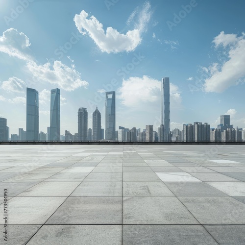 Panoramic skyline and buildings with empty concrete square floor. Generative AI